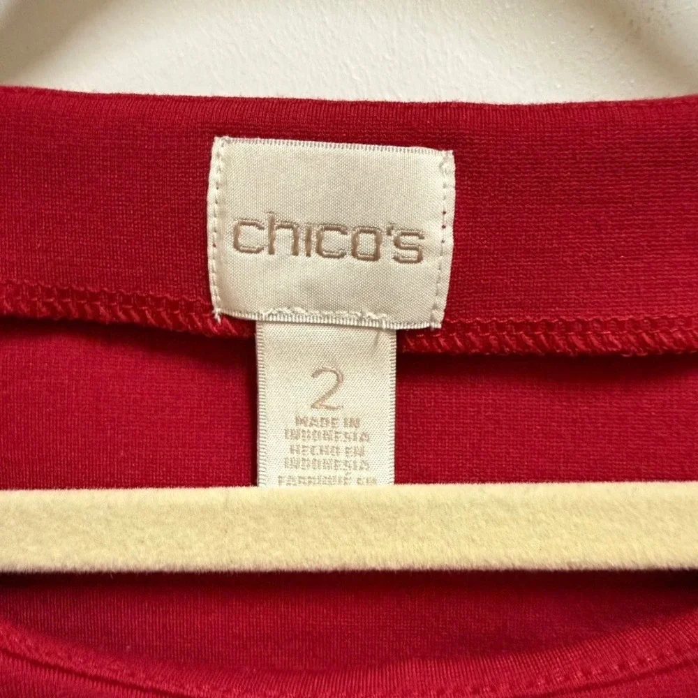 Chicos Womens Red 3/4 Sleeve Scoop Neck Knit Top Front‎ Zipper Pockets Size 2 L